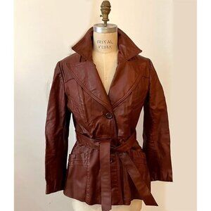 Vintage Boho 1970s burgundy leather jacket, stitched details, tie waist, S/M